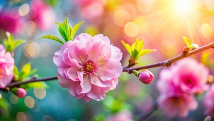 Panoramic View of Single Delicate Pink Blossom on Lush Green Leaf