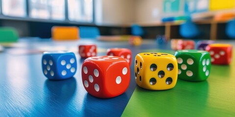 A cheerful image of colorful dice scattered across a classroom desk, ready for an educational game