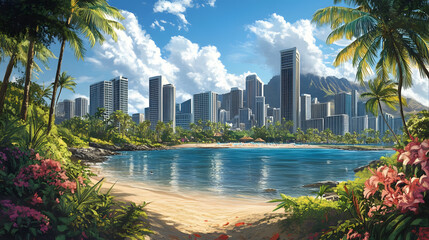 Obraz premium A vibrant cityscape of skyscrapers and tropical trees, with colorful flowers blooming in the foreground 