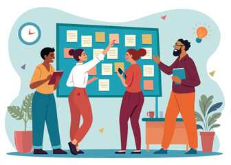 Business Workshop Scene – Vector Cartoon Illustration of a Diverse Team Brainstorming Ideas with Sticky Notes on a Board