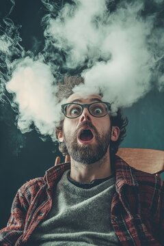 A man astonished as humorous smoke escapes from his head.