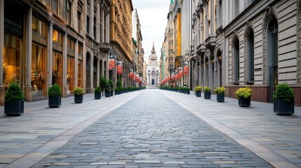 Empty City Street with Cobblestone Path and Elegant Buildings in the Early Morning Light