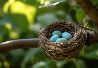 Fototapeta premium Blue Eggs Nesting in a Natural Bird Nest Surrounded by Lush Green Foliage, Captivating Close-up of Nature's Beauty and Fragility