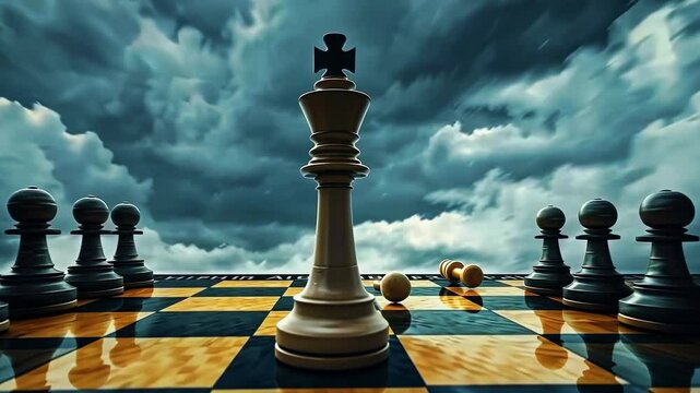 Dramatic chess scene with a lone king piece amidst a stormy sky and scattered pawns on a board
