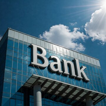 An Image of Tall bank Building against a blue sky on a sunny day.