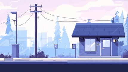 Obraz premium Suburban bus stop, waiting, city skyline, morning mist, game asset