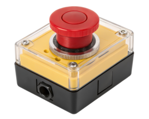 Red emergency stop button on a transparent background