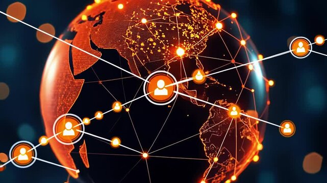 Global network connections visualized with glowing nodes, showcasing interactivity and technology