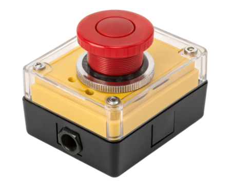 Red emergency stop button on a transparent background