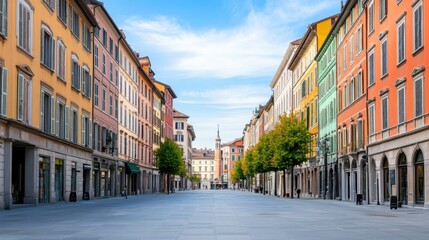 Fototapeta premium Colorful European Street with Historic Buildings and Clear Blue Sky in City Center