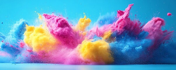 Fototapeta premium Colorful vibrant pink, blue, and yellow spray paint burst in abstract style, dynamic splash with messy texture, urban art, and modern design theme