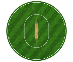 Green Cricket Field from Top View. Cricket Pitch, Boundary, Grass Pattern, Detailed Grass Texture with Mowing Pattern