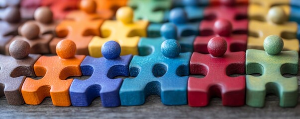 Diverse teams represented by colorful puzzle pieces, small figures from varied backgrounds, fitting together to visualize HR strategies of inclusion and collaboration