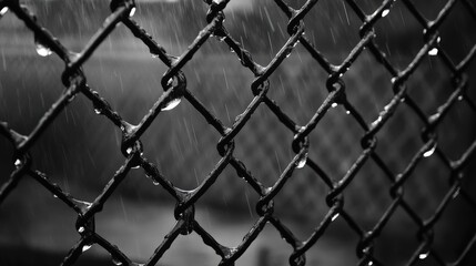 Fototapeta premium A close-up of a chain link fence with raindrops clinging to the wires, creating a moody effect