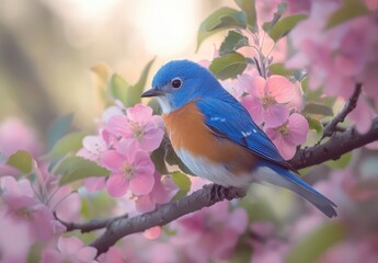 Obraz premium Bluebird Perched Gracefully on a Branch Surrounded by Delicate Pink Blossoms in a Serene Spring Setting