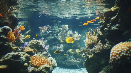 Fototapeta premium Vibrant Underwater Scene of Wildlife Around Coral Reef
