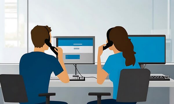 Vector flat illustration of a customer service concept, with a man and woman wearing headsets sitting at a computer desk and talking on the phone to each other.