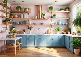 Fototapeta premium Pastel Pink & Blue Kitchen Interior: Open Shelving, Plants & Gold Accents - Panoramic Stock Photo