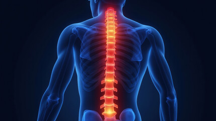 Anatomical illustration of human spine with highlighted vertebrae, showcasing structure and function of spinal column