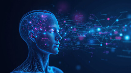 Obraz premium Digital human head with glowing neural connections and data streams, symbolizing advanced technology and artificial intelligence