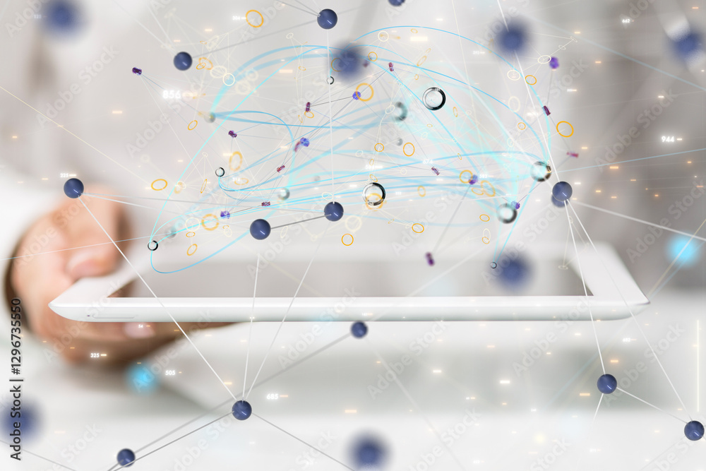 Poster network holding in hand 3d connection data