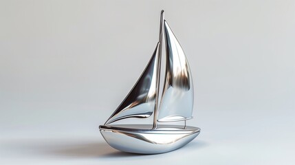 A metal sailboat figurine with sleek lines and polished surface, displayed against a pure white background. The high-resolution image captures the nautical theme and reflective quality.