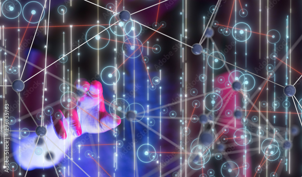 Poster Neural network 3D illustration. Big data and cybersecurity