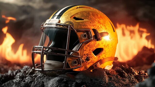 American football helmet on rocky terrain fire background sports championship college league