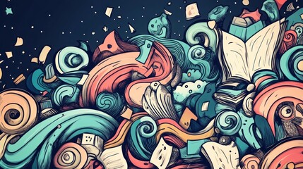 Fototapeta premium Abstract swirls, books, and scrolls on a dark whimsical patterned background filled with papers falling above