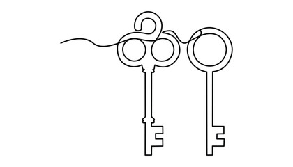 One continuous single drawing line art flat doodle key, clue, clef, lock. continuous line drawing of key vector illustration one line style, Security concept continuous line art