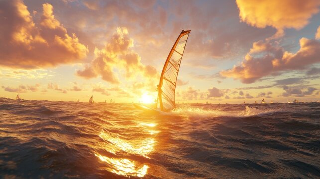 Windsurfing at Sunset over Scenic Coastal Waters
