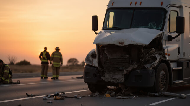 damaged truck at sunset with firefighters responding to accident scene. atmosphere is tense yet calm