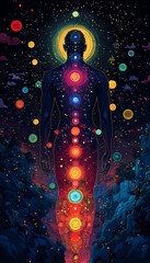 A detailed diagram illustrating the internal network of chakras, vital energy nodes, and energy pathways within the human body

