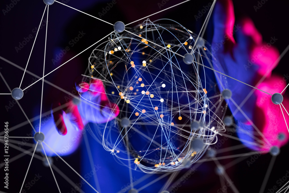 Poster Global network. Blockchain. 3D illustration. Neural networks and artificial intelligence. Abstract
