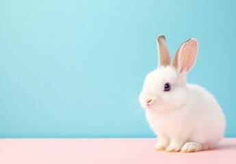 Fototapeta premium Cute White Rabbit Sitting on a Pink Surface Against a Blue Background