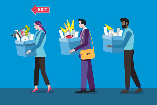 Employees leaving office carrying boxes toward exit sign