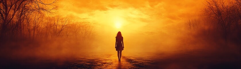 Fototapeta premium Symbolic journey of a woman walking a nature path, orange and yellow sunset sky, bare trees, calm water reflecting healing from trauma to resilience