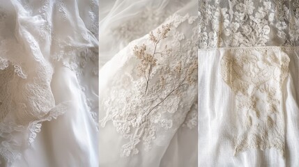 Obraz premium Elegant Details: Close-up shots reveal the exquisite details of a luxurious bridal gown, showcasing delicate lace and fabric textures.