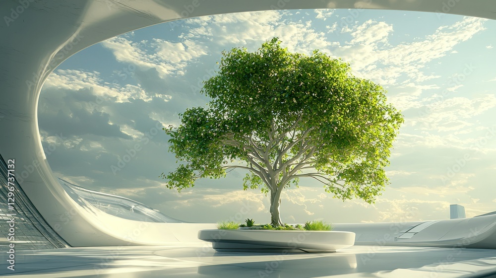 Poster A digital 3D rendering of a money tree in a futuristic setting