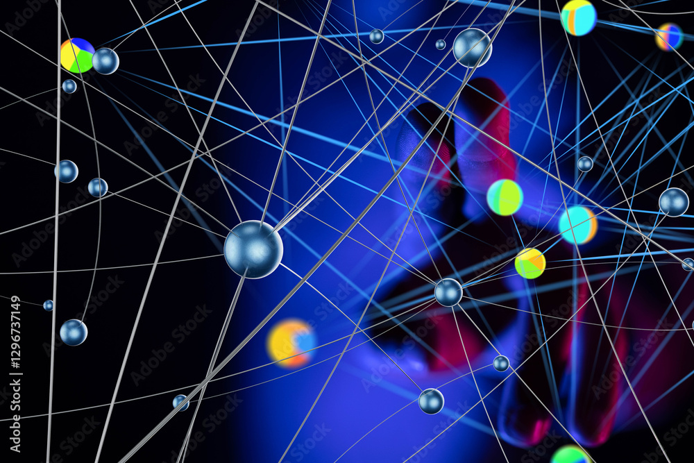 Poster Global network. Blockchain. 3D illustration. Neural networks and artificial intelligence. Abstract