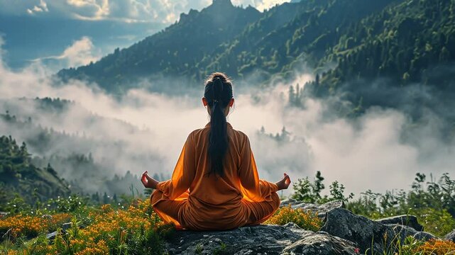 Woman meditating zen mindfulness stress meditation music spirituality 