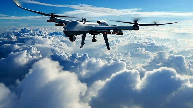 Reaper predator US drone missile flying in sky clouds