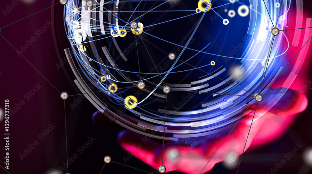 Poster Global network. Blockchain. 3D illustration. Neural networks and artificial intelligence. Abstract