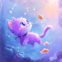 Purple Kitten Swimming Underwater