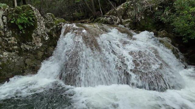 Drone flight over Stathula Polylimnio Waterfall, Peloponnese, Greece