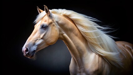 Naklejka premium Perlino Quarter Horse Head, Night Photography, Isolated Black Background - Equestrian Stock Photo