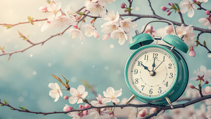 vintage alarm clock surrounded by blooming cherry blossoms, symbolizing arrival of spring and passage of time