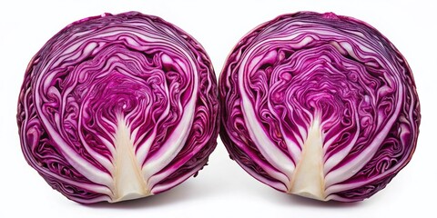 Obraz premium Perfectly Symmetrical Red Cabbage Halves, Isolated Aerial View, Food Photography