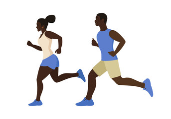 Jogging. A man and a woman are running. A married couple plays sports.