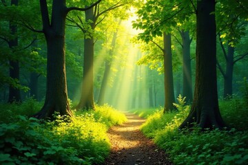 Fototapeta premium Serene Pathway Through a Sun-Dappled Forest, Illuminating a Tranquil and Lush Landscape with Vibrant Green Foliage and Majestic Trees